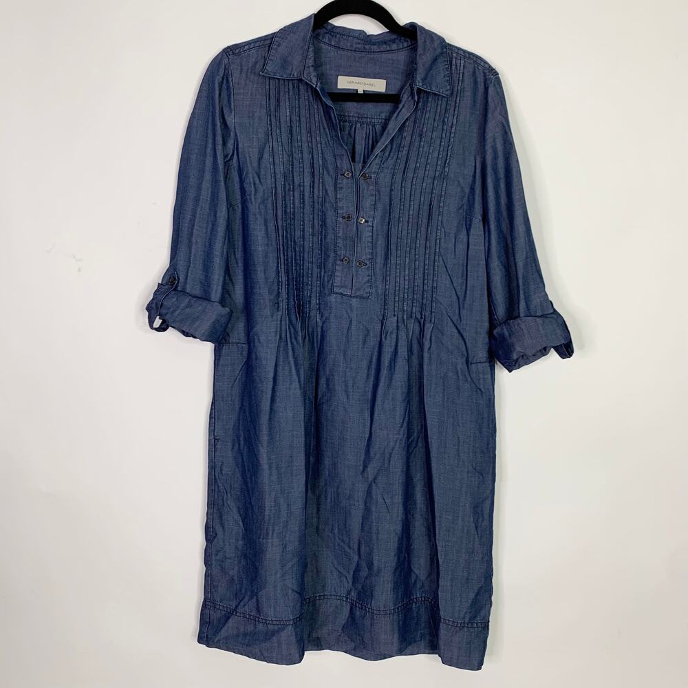 Gerard Darel Dress 40 US 8 Blue Chambray Roll Tab Sleeve V-Neck Collar Pocket
